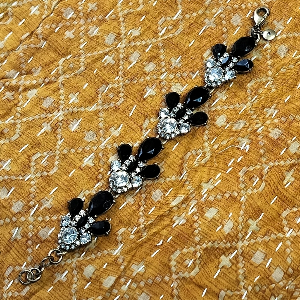 J. Crew Rhinestone Bracelet Statement Holiday Black & Clear Crystal 7.25"